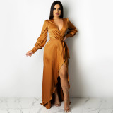 Fashion sexy solid color women's deep V tie long sleeve slit long skirt dress X5373