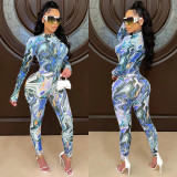 Fashion painted round neck zipper long-sleeved trousers mesh see-through two-piece suit C5505