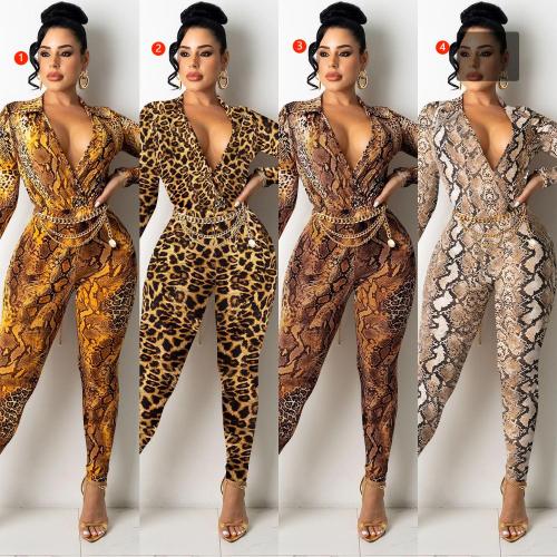 Fashion digital printing V-neck long-sleeved trousers two-piece female without belt C5296