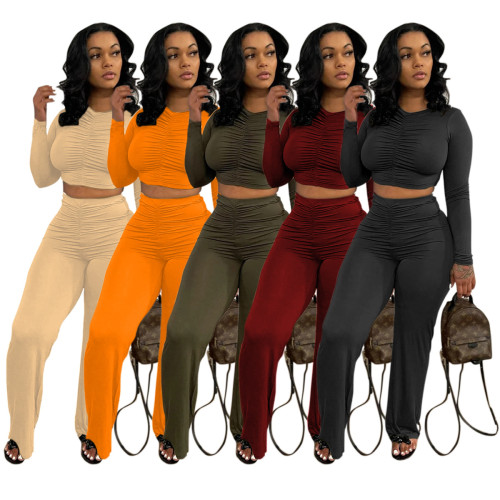 Women's solid color casual pleated long-sleeved T-shirt wide-leg pants suit TS1149