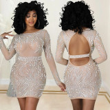 Fashion New Products Amazon AliExpress Sexy Nightclub Net Yarn Perspective Women's Dress Hot Rhinestone X5330