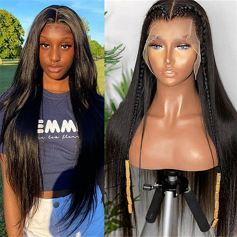 Hand-woven front lace wig headgear black long straight hair chemical fiber headgear T-shaped lace wig
