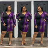 5XL fat woman fat woman plus size women's V-neck sequin stitching short skirt dress