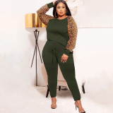 Leopard print contrast color fashion casual two-piece suit plus size women's suit