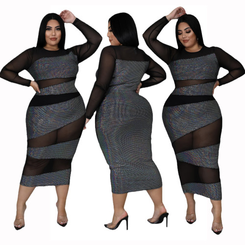 Fat woman plus size women's see-through long-sleeved dress fat woman dress fat woman dress