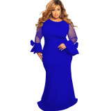 Women's round neck long sleeve mesh stitching long dress solid color plus size dress