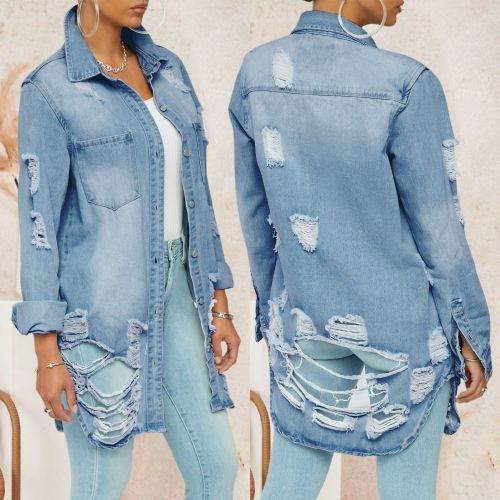 Hot sale ripped hole distressed sexy slim denim jacket long-sleeved dress