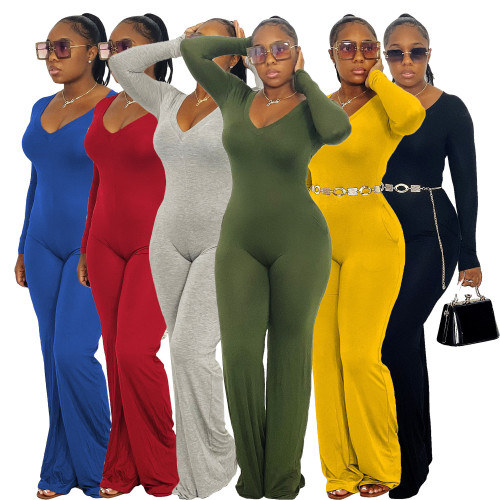 Women's jumpsuit flared pants skinny v-neck sexy long-sleeved jumpsuit winter