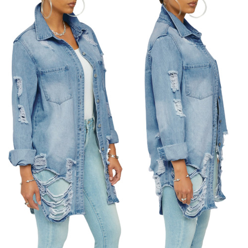 Hot sale ripped hole distressed sexy slim denim jacket long-sleeved dress