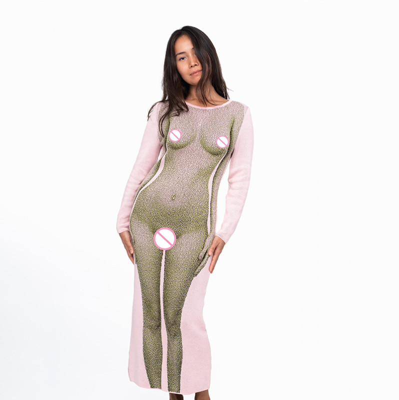 2021 Summer Women's New Fashion 3D Body Print Round Neck Long Sleeve European Style Slim Dress