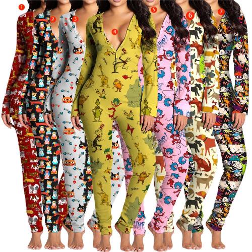 Printed cartoon element pajamas open jumpsuit