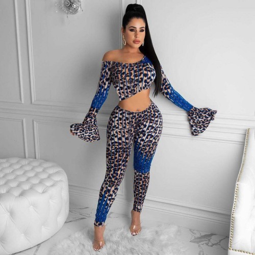 Women's 2022 spring cute sexy leopard print flared sleeve suit