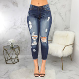 Fashion all-match high-waisted washed ripped skinny stretch jeans