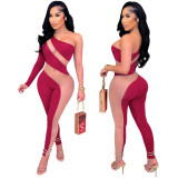 Fashionable sexy oblique shoulder tight-fitting see-through jumpsuit reveals a slim figure new style