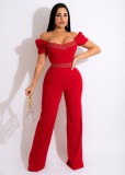 Spring one-neck tube top, puff sleeves, open-stitch decorative jumpsuit women's clothing