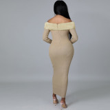 Flannel stitching pit strip straight shoulder long-sleeved slim fit hip A-line dress women