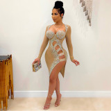 Nightclub style sexy hot rhinestone see-through bag hip irregular dress women