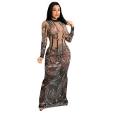 Net yarn digital pearl printing fashion sexy ladies dress