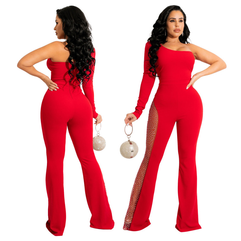 Fashion casual oblique shoulder pure red hot rhinestone side see-through jumpsuit
