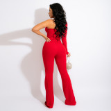 Fashion casual oblique shoulder pure red hot rhinestone side see-through jumpsuit