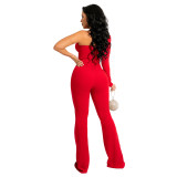 Fashion casual oblique shoulder pure red hot rhinestone side see-through jumpsuit