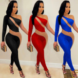 Fashion new round neck one-shoulder long-sleeved trousers contrast color see-through zipper jumpsuit