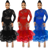 Fashion new lace see-through long-sleeved zipper mesh pleated skirt dress