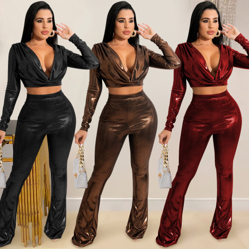 Fashion solid color women's hot stamping cloth deep V long sleeve waist trousers two-piece suit
