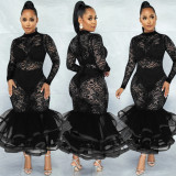 Fashion new lace see-through long-sleeved zipper mesh pleated skirt dress