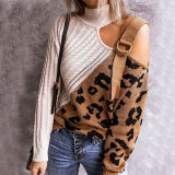 Pullover fashion turtleneck sweater color-blocking leopard print turtleneck off-shoulder sweater