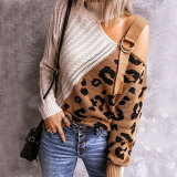 Pullover fashion turtleneck sweater color-blocking leopard print turtleneck off-shoulder sweater