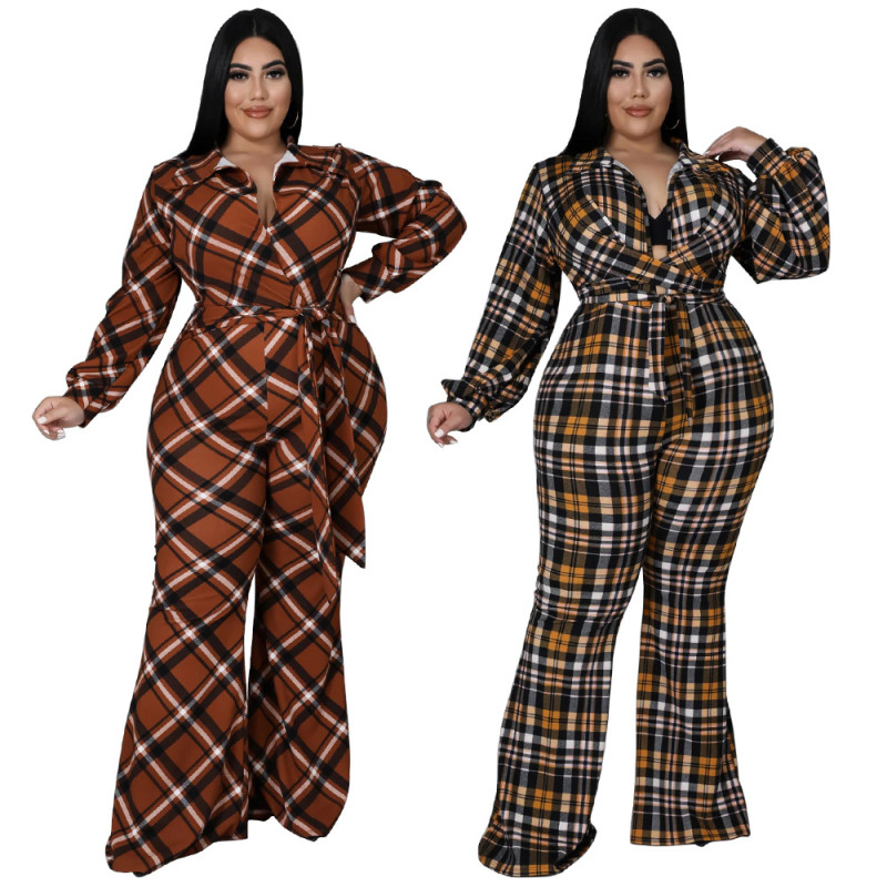 New plus size women's loose check print shirt collar long-sleeved sexy jumpsuit