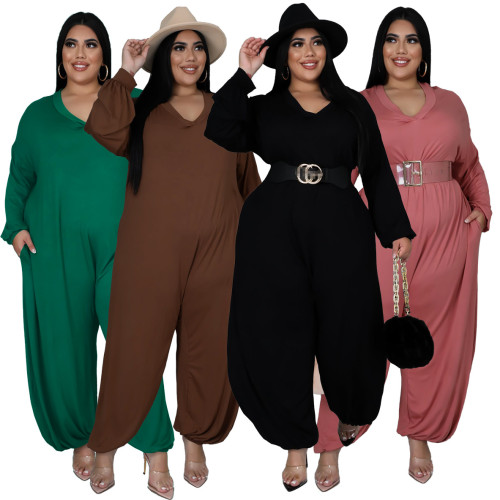 Women's wear round neck casual loose solid color sexy large size wide leg pants jumpsuit
