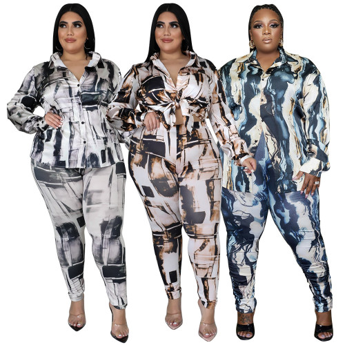 Explosive shiny shirt long-sleeved fashion digital printed pants suit two-piece