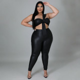 New fat mm plus size women's trousers high elastic leather tight-fitting hip sexy two-piece suit