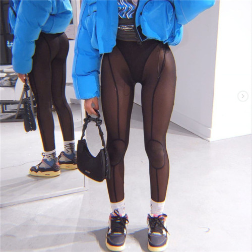 New women's solid color sexy mesh high waist breathable tight leggings women