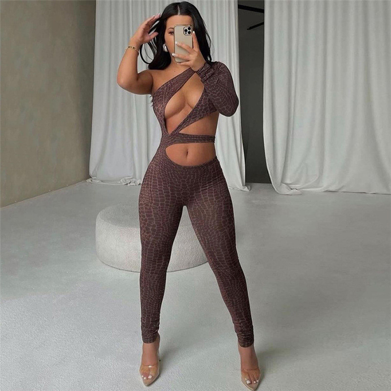 2021 autumn women's new sexy hollow one-shoulder high waist tight-fitting solid color sports fitness jumpsuit