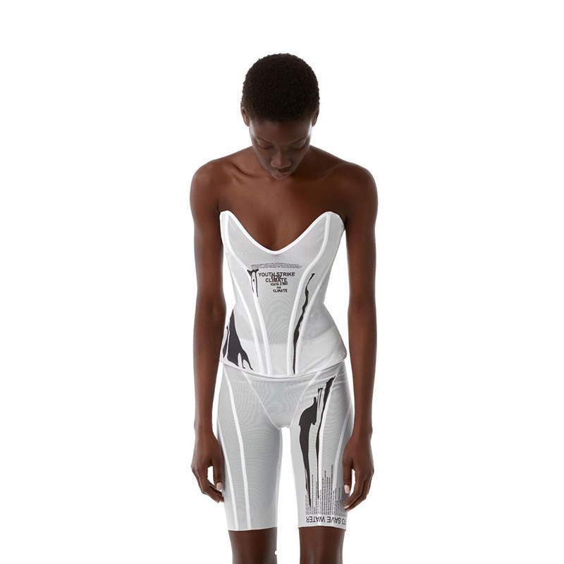 New women's sexy low-cut mesh gauze printed fishbone waist coat and hip shorts suit