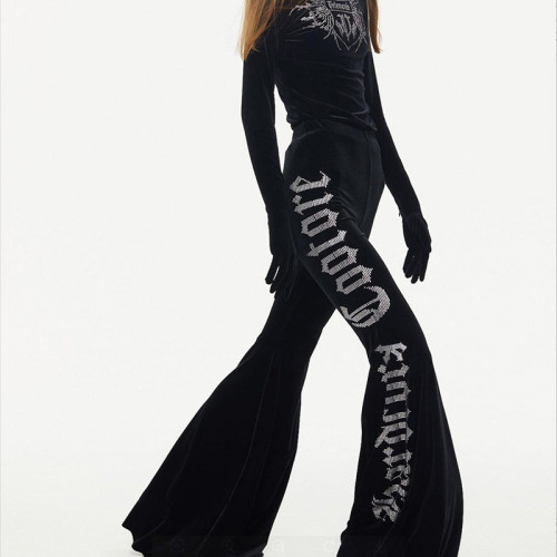 Autumn Women's New Fashion Hot Rhinestone Letters High Waist Loose Micro-Lash Velvet Wide Leg Casual Pants