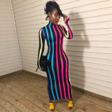 Striped high-neck tight-fitting long dress women's new hot-selling spring dress