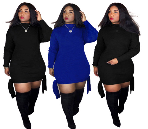 Pure color tie long sleeve dress plus size women's sexy European and American women's clothing