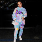 Ladies Fashion Color Tie Dye Letter Print Hooded Sports Casual Suit