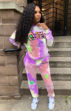 Ladies Fashion Color Tie Dye Letter Print Hooded Sports Casual Suit