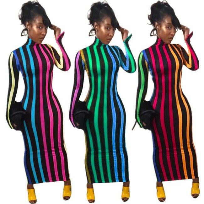 Striped high-neck tight-fitting long dress women's new hot-selling spring dress