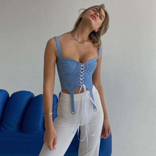 Sexy slim waistband strapping solid color vest hedging sweet denim suspenders