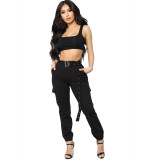Women's casual pants, solid color with belt and feet pants overalls