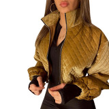 Autumn and winter diamond plaid stand collar zipper short jacket temperament quilted jacket women