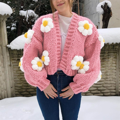New women's fashion round neck lantern sleeve knitted cardigan short sweater women