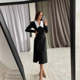 New women's fashion long-sleeved V-neck slim solid color split temperament dress for women