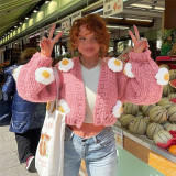 New women's fashion round neck lantern sleeve knitted cardigan short sweater women